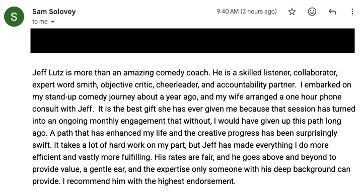 Coaching Review, Comedy Coach Review, Joke Writing Coach Review, Stand-Up Comedy Writing, Stand-Up Coach, Coaching Coach, TheComedyConsultant Review, Comedians, NYC Comedy, LA Comedy, Chicago Comedy, Jeff Lutz
