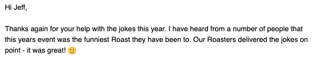 Roast Review, Comedy Review, Joke Writing Review, Roast Writing, TheComedyConsultant Review, Comedians, NYC Comedy, LA Comedy, Chicago Comedy, Jeff Lutz